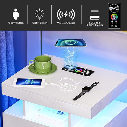 HNEBC Auto LED Nightstand with Wireless Charging Station & USB Ports,High Gloss Bedside Tables with 2 Drawers,Floating Nightstand with 3 Color & Adjustable Brightness for Bedroom,White