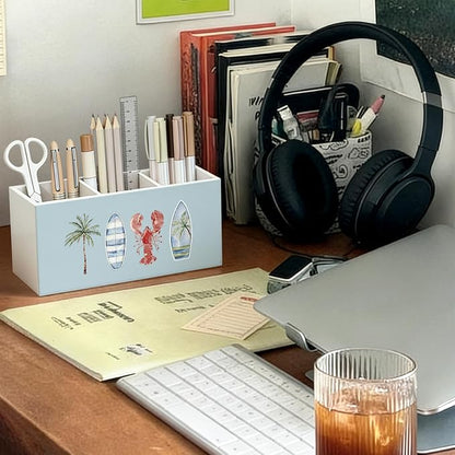 Coastal Beach Pen Pencil Holder for Desk, Beach Office Decor, Tropical Ocean Beachy Lobster Surfboard Palm Tree Wooden Box Sign Decorations for Home Bedroom Office Desk Tabletop