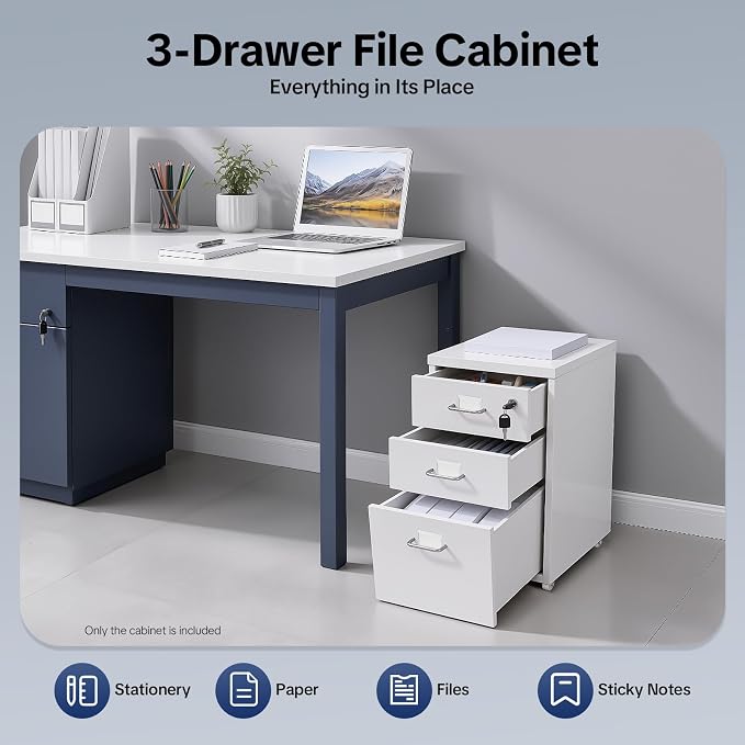 3-Drawer Vertical File Cabinet, 11*16*18.3in Rolling File Cabinet, Mobile Organizer Storage Cabinet with Lock, Office Filing Storage Cabinet Under Desk fits A4 Size, for Home Office (White)