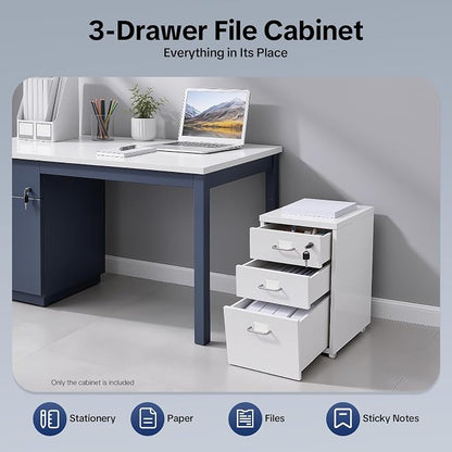3-Drawer Vertical File Cabinet, 11*16*18.3in Rolling File Cabinet, Mobile Organizer Storage Cabinet with Lock, Office Filing Storage Cabinet Under Desk fits A4 Size, for Home Office (White)