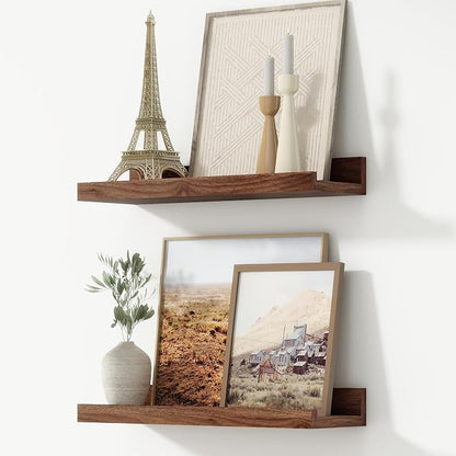FLYJOE Picture Ledge Shelf, Floating Shelves Set of 2, 16 Inches Nursery Book Shelves for Toys Storage, Kids Bookshelf Wall Mounted for Living Room Bedroom Decor Books Photo Frames, Walnut