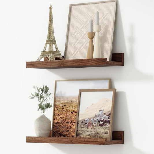 FLYJOE Picture Ledge Shelf, Floating Shelves Set of 2, 16 Inches Nursery Book Shelves for Toys Storage, Kids Bookshelf Wall Mounted for Living Room Bedroom Decor Books Photo Frames, Walnut