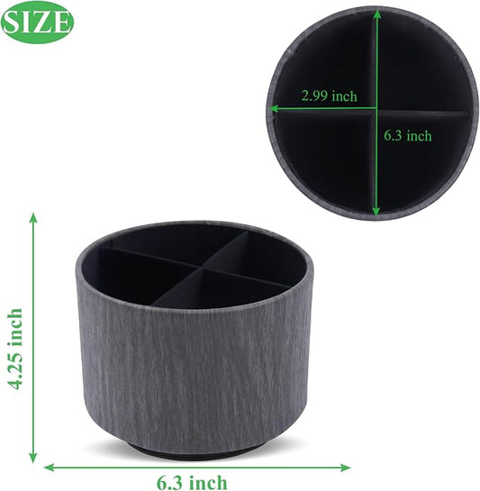 Round Leather Art Supply Organizer,Remote Control Holder,360 Degree Spinning,Multi-Functional Pencil Holder,4 Compartments Desktop Stationary Organizer(1-Thin Wood Black)