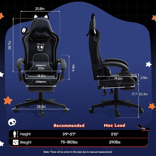 Dowinx Gaming Chair with Cat Ears and Massage Lumbar Support, Ergonomic Computer Chair with Footrest and Headrest, Comfortable Reclining Game Chair 290lbs for Adults, Black