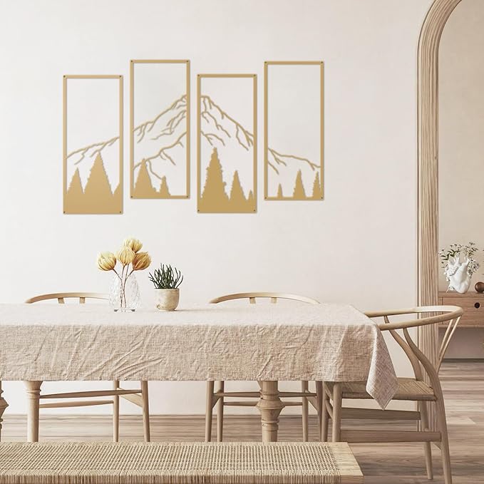 ruelen 4 Pcs Metal Mountain and Forest Wall Decorations Line Drawing Wall Art Minimalist Wall Decor Rustic Nature Home Wall Art Sculpture for Home Bedroom Bathroom Office Living Room (Gold, Large)