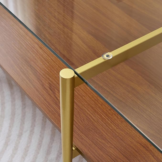 LumFurn X-Large Rectangle Glass Coffee Table, Mid-Century Modern Design for Living Room, L47xW24xH17 inch, 2-Tier Structure, Clear Glass Top and Walnut MDF Shelf, Conical Metal Legs with Gold Finish