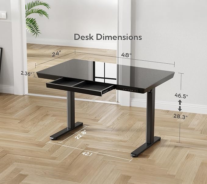 INNOVAR Glass Standing Desk with Drawers & USB Ports,48 inch Whole-Piece Glass Top Adjustable Height Desks, Quick-Install Electric Sit-Stand Up Desk for Home Office & Computer Workstation, Black