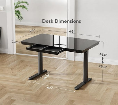 INNOVAR Glass Standing Desk with Drawers & USB Ports,48 inch Whole-Piece Glass Top Adjustable Height Desks, Quick-Install Electric Sit-Stand Up Desk for Home Office & Computer Workstation, Black