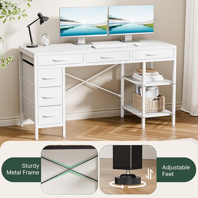 55" Computer Desk with 6 Drawers, Home Office Gaming Desks with Storage Shelves for Bedroom, Writing Study Corner Living Room Work Table White