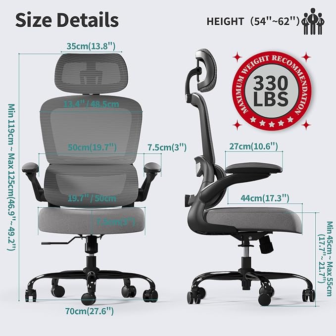 TRALT Office Chair Ergonomic Desk Chair, 330 LBS Home Mesh Office Desk Chairs with Wheels, Comfortable Gaming Chairs (Black Grey)