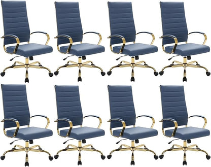 LeisureMod Modern High-Back Leather Office Chair - Swivel & Adjustable Executive Desk Chair with Gold Frame, Ergonomic Design for Home & Office (Navy Blue, Set of 8)