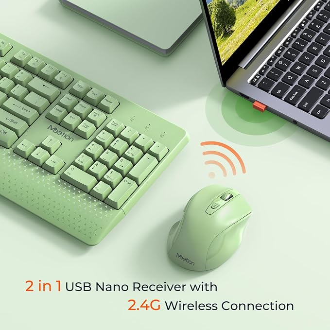 MEETION Green Wireless Keyboard and Mouse, Full-Sized Cordless Keyboard with Wrist Rest, 3 DPI Adjustable Mouse, 2.4GHz USB-A Receiver, Computer Keyboard for PC/Computer/Laptop/Windows/Mac