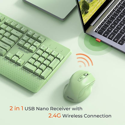 MEETION Green Wireless Keyboard and Mouse, Full-Sized Cordless Keyboard with Wrist Rest, 3 DPI Adjustable Mouse, 2.4GHz USB-A Receiver, Computer Keyboard for PC/Computer/Laptop/Windows/Mac
