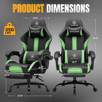 GTPLAYER Gaming Chair with Pocket Spring Cushion, Leather Office Chair with Ergonomic High Back & Lumbar Support for Back Pain Relief, Computer Game Chair for Adults, Grass Green