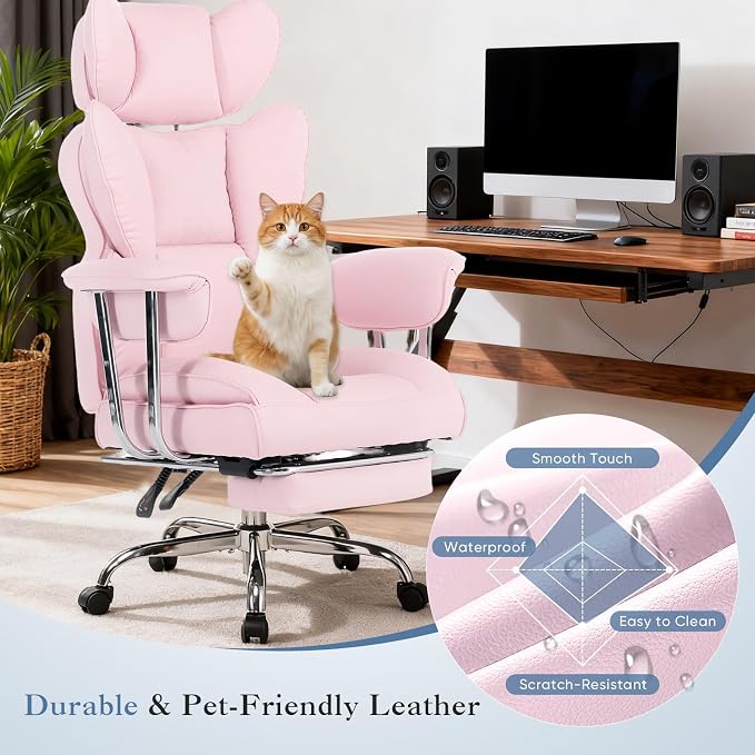 DUMOS Big and Tall Office Chair 400 LBS, Scratch-Resistant PU Leather Executive Office Desk Chair with Footrest, Ergonomic Reclining Computer Chairs with Pocket Spring Support, Pink