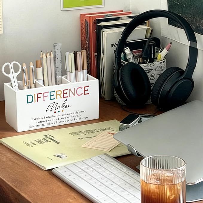 Difference Maker Gift Pen Pencil Holder for Desk, Thank You Gifts for Teachers Coworkers, Appreciation Gifts for Women Men Wooden Box Sign Decorations for Office Workplace Desk Tabletop