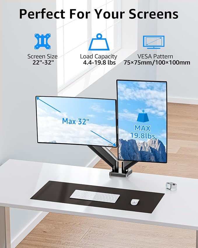 Dual Monitor Stand fits up to 32 inch, 4.4-19.8 lbs Computer Screens, Dual Monitor Desk Mount Height Adjustable, Monitor Arms for 2 Monitors, Home Office VESA Mounts, Freelift Black