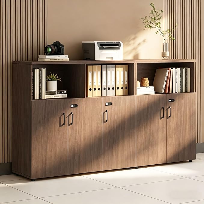 File Cabinet with Password Lock, Wood Lateral Filing Cabinet for Letter/A4 Files, 3 Drawer with Door, Printer Stand with Open Shelves for Home Office