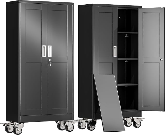 erosoei 61" H Metal Garage Storage Cabinet, Rolling Tool Cabinet with 2 Doors and Wheels, Locker Steel Cabinet with 3 Adjustable Shelves, Organization Cabinet for Garage,Office,Home,Gym,School（Black）