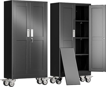 erosoei 61" H Metal Garage Storage Cabinet, Rolling Tool Cabinet with 2 Doors and Wheels, Locker Steel Cabinet with 3 Adjustable Shelves, Organization Cabinet for Garage,Office,Home,Gym,School（Black）
