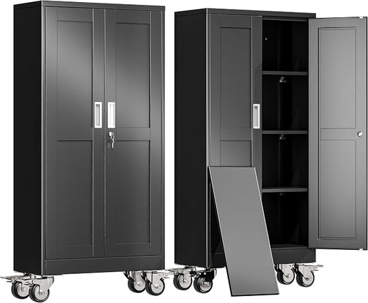 erosoei 61" H Metal Garage Storage Cabinet, Rolling Tool Cabinet with 2 Doors and Wheels, Locker Steel Cabinet with 3 Adjustable Shelves, Organization Cabinet for Garage,Office,Home,Gym,School（Black）