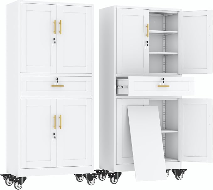 erosoei 75" H Metal Garage Storage Cabinet, Rolling Tool Cabinet | with 2 Doors and Wheels, Locker Steel Cabinet with 4 Adjustable Shelves and Drawer, Organization Cabinet for Garage,Home,Gym