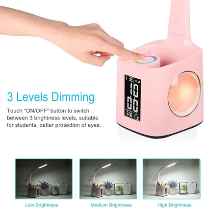 LED Desk Lamp with Clock,Color Changing Nightlight,Study Lamp with Pen Holder,Desk Light with USB Charger,Table Light for Home,Office,Bedroom,Gift for Kids,Students,Women,Pink