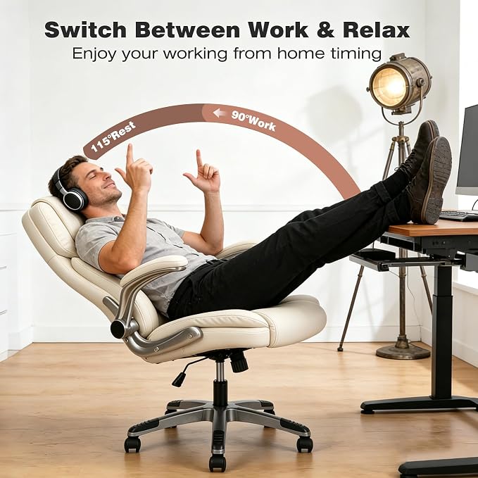 Office Chair with Flip up Arms, Ergonomic PU Leather Executive Office Chairs with Wheels, 90-120° Rocking Office Desk Chair with Lumbar Support, High Back Swivel Home Computer Chairs,Beige