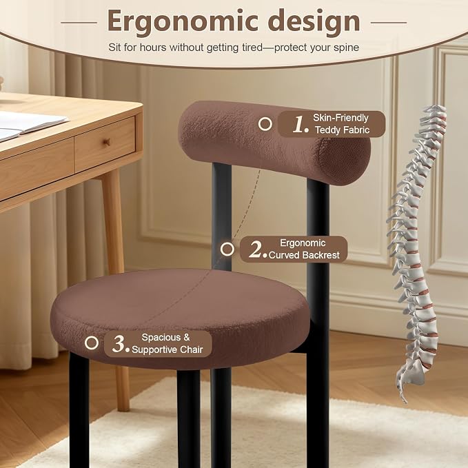 Cute Small Armless Desk Chair, Ergonomic Comfy Vanity Chairs Lumbar Support with Back for Makeup, Teddy Fabric Computer Desk Chair for Home, Bedroom, Vanity, Teens, Adults