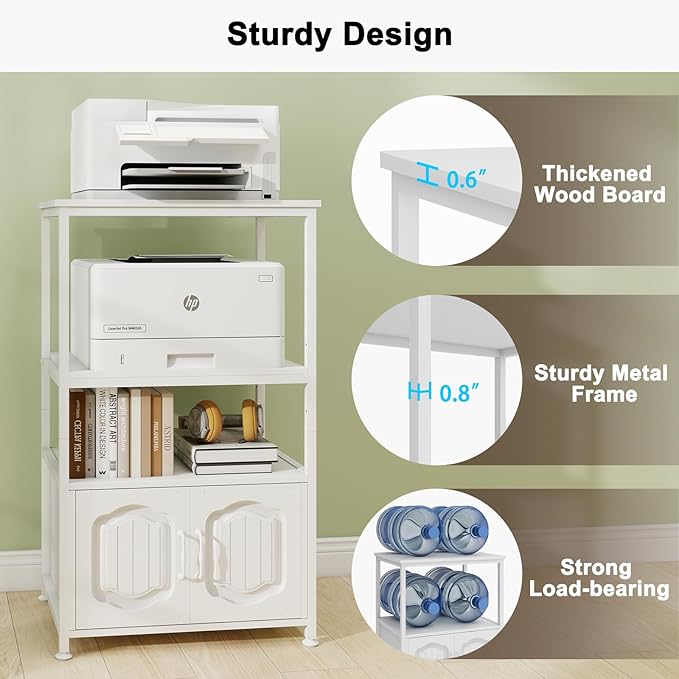 Natwind 4 Tier Printer Stand with File Cabinet, Vertical Filling Cabinet with Adjustable Open Shelves, Decorative Wood Printer Shelf with Storage for Home Office, White