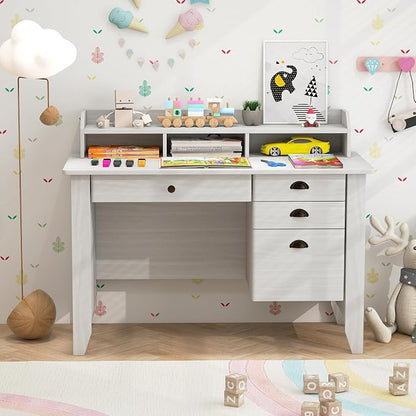 48" Computer Desk with 4 Storage Drawers and Hutch Wood Executive Table for PC Laptop
