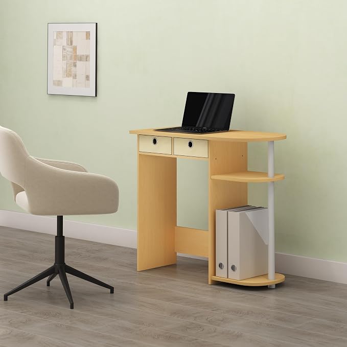 Ipoh Home Computer Desk, 32 Inch Writing Desk, Study Desk with Side Shelves and Bin Storage, for Home Office, Study Room, Natural/White