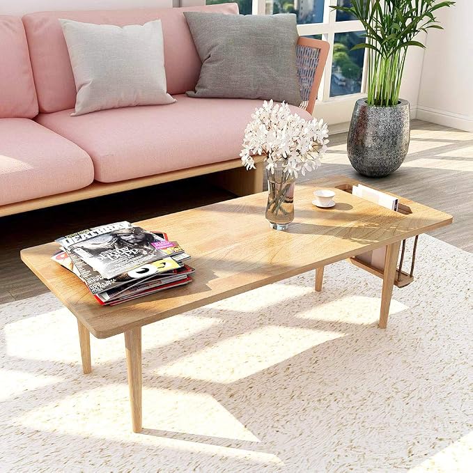 WoodShine Mid Century Modern Mini-Swing Wooden Coffee/Tea Table, Japanese Low Floor Desk, Real Solid Wood Cafe Table with Storage for Home Living Room,Office, Length of 47.25 inches,Natural