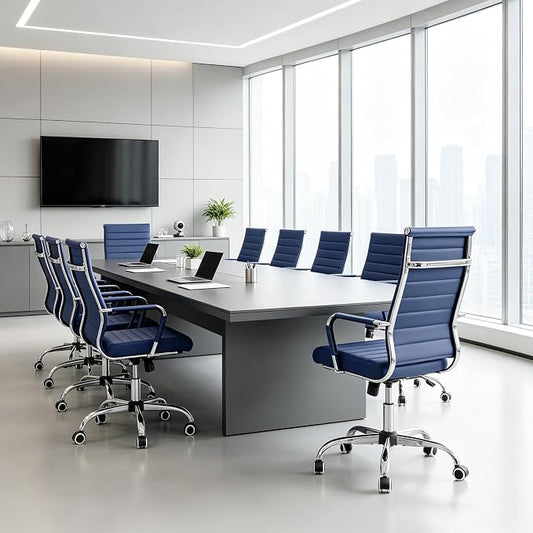 Home Office Chair Ribbed,Modern Leather Conference Room Chairs,Ergonomic Office Desk Chair, High Back Executive Computer Chair, Adjustable Swivel Chair with Arms (Blue)