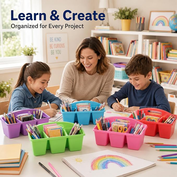 6 Pack Assorted Colors 6 Compartment Classroom Caddy with Handle Portable Plastic Storage Classroom Caddies Organizer for Classrooms Supply Teacher Office Table Desk(Rainbow)
