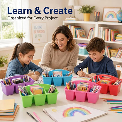 6 Pack Assorted Colors 6 Compartment Classroom Caddy with Handle Portable Plastic Storage Classroom Caddies Organizer for Classrooms Supply Teacher Office Table Desk(Rainbow)