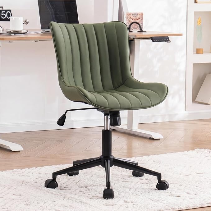 YOUNIKE Olive Green Office Desk Chair with Wheels Armless Compact Comfy Vanity Chair with Adjustable Back Modern Small Faux Leather Upholstered Swivel Cute Rolling Computer Task Chair No Arms