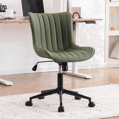 YOUNIKE Olive Green Office Desk Chair with Wheels Armless Compact Comfy Vanity Chair with Adjustable Back Modern Small Faux Leather Upholstered Swivel Cute Rolling Computer Task Chair No Arms