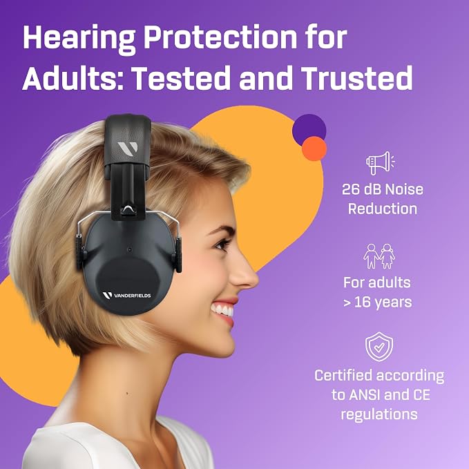 Vanderfields - Hearing Protection Ear Muffs - Over 31 dB (2K Hz) Broad Noise Cancelling Sound Reduction - Adults & Teens