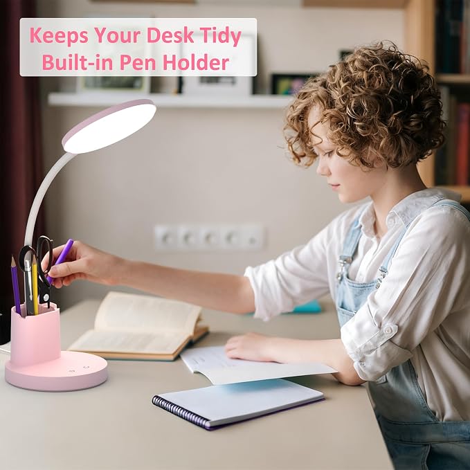 Desk Lamp, LED Desk Lamps for Home Office, Touch Table Lamp with 3 Color Modes 360° Adjustable Arm, Dimmable Desk Light with Pen Phone Holder for College Dorm, Pink