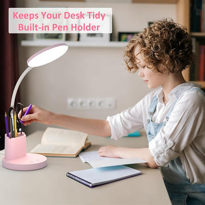 Desk Lamp, LED Desk Lamps for Home Office, Touch Table Lamp with 3 Color Modes 360° Adjustable Arm, Dimmable Desk Light with Pen Phone Holder for College Dorm, Pink
