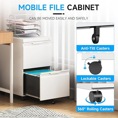 2 Drawer Mobile File Cabinet with Lock, Metal Filing Cabinet, Under Desk Rolling Small Filing Cabinet with Wheels for Home Office Storage, Fits Legal/A4/Letter/Document Size, Required Assembly, White