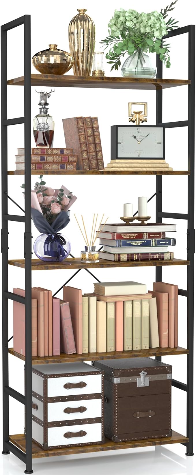 NUMENN 5 Tier Bookshelf, Tall Bookcase Shelf Storage Organizer, Modern Book Shelf for Bedroom, Living Room and Home Office, Vintage