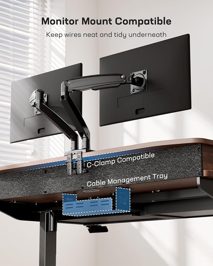 HUANUO 55 x 30 inch Electric Standing Desk with Wood Drawers, Adjustable Height Sit Stand Home Office Desk with Two Tiers, Ergonomic Adjustable Stand up Desk C-Clamp Monitor Mount Compatible, Walnut