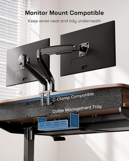 HUANUO 55 x 30 inch Electric Standing Desk with Wood Drawers, Adjustable Height Sit Stand Home Office Desk with Two Tiers, Ergonomic Adjustable Stand up Desk C-Clamp Monitor Mount Compatible, Walnut