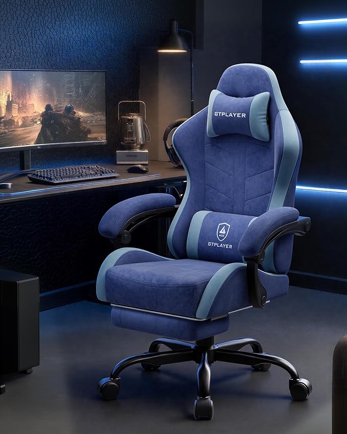 GTPLAYER Gaming Chair with Footrest, Computer Gaming Chair for Adults, Height Adjustable Gamer Chair with 90-155° Recline & Removable Headrest Lumbar Support,Performance Fabric Blue