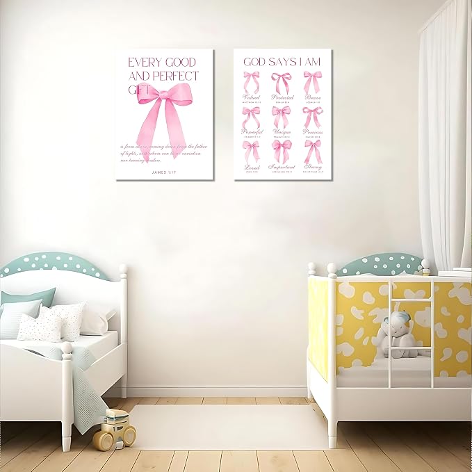 Coquette Pink Bow Wall Art Decor Canvas Posters Framed, Inspirational Bible Verses Bow Wall Decor,Room Bedroom Bathroom Decor Aesthetic for Teen Girls Gifts, 16x24 Inch Set of 3 Bow Pictures
