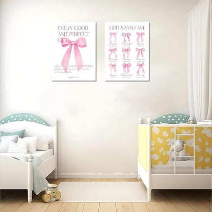 Coquette Pink Bow Wall Art Decor Canvas Posters Framed, Inspirational Bible Verses Bow Wall Decor,Room Bedroom Bathroom Decor Aesthetic for Teen Girls Gifts, 16x24 Inch Set of 3 Bow Pictures