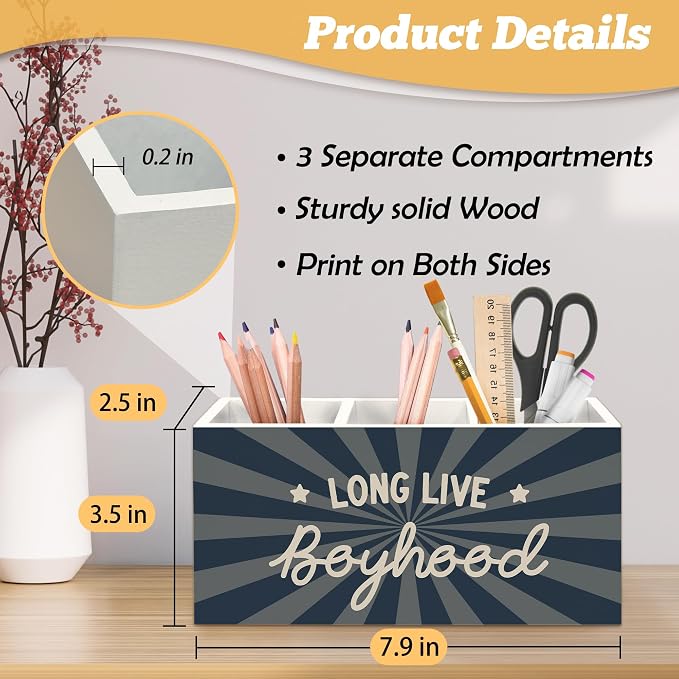 Boys Room Decor Pen Holder Organizer for Desk Accessories, Kids Room Decor, Long Live Boyhood Boy Nursery Wooden Box Sign Desk Decorations for Kids Boys Bedroom Playroom