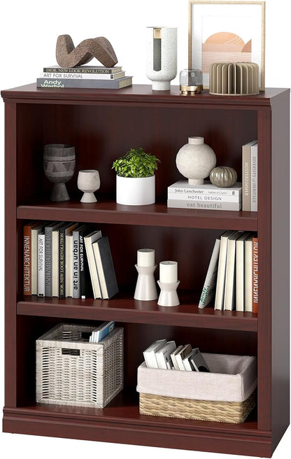 blini 3-Shelf Bookcase Wooden Bookshelves 33in Wide Floor Standing Display Storage Shelves Mahogany Bookcase for Home Office, Living Room, Bedroom